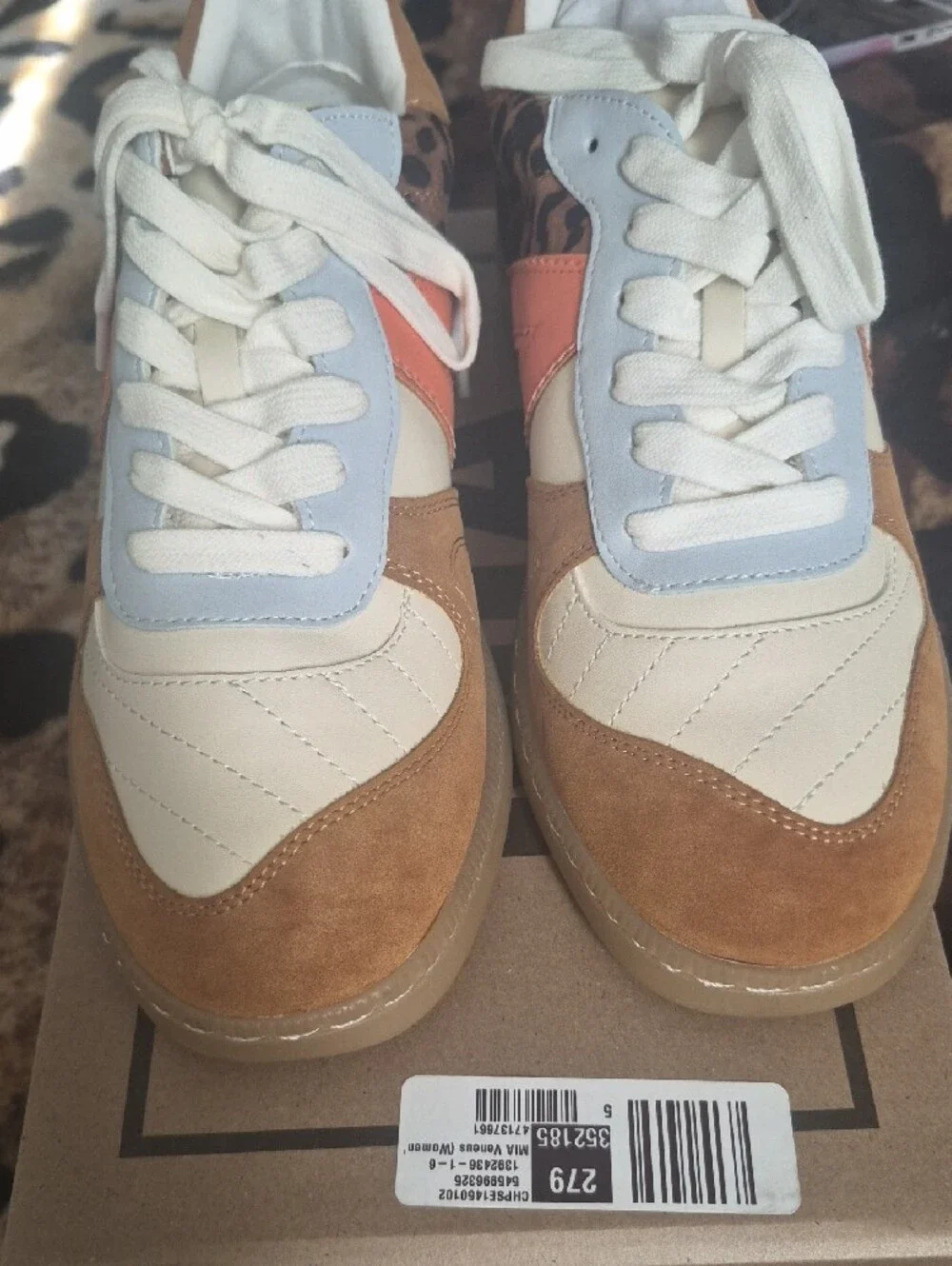 MIA White Tan Leopard Accent Sneakers with Orange Stripe